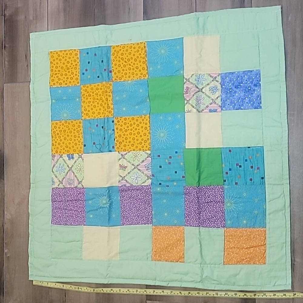 Handmade baby blanket quilt square size green purple orange blue pink